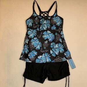 NWT Younique Blue Floral Tankini Set with Strappy Back Size Small